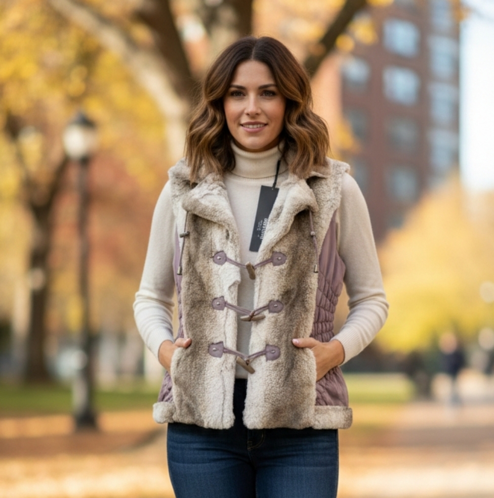 Montanaco Faux Fur-Trimmed Vest in Purple and Cream